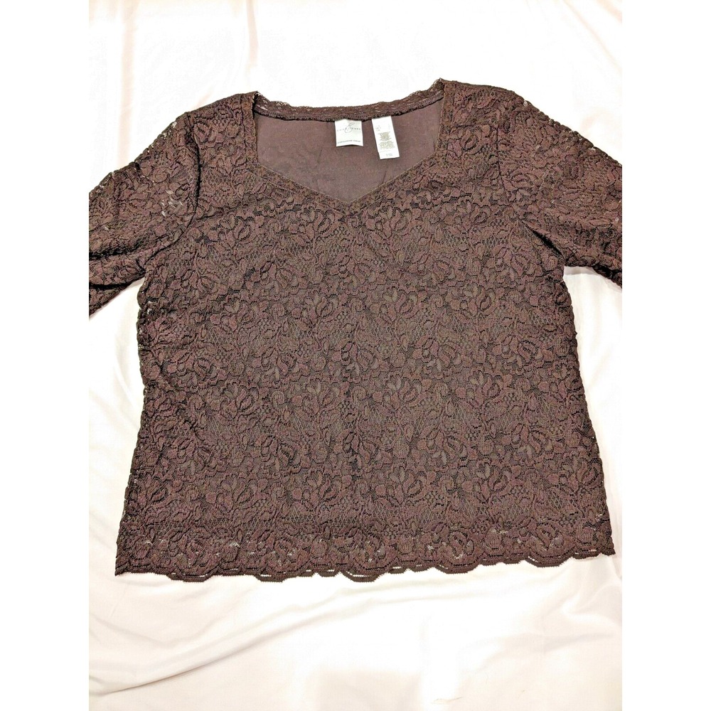 Emma James Chocolate Floral Lace Knit Nylon/Spandex Top Womens Sz L‎ Semi Sheer